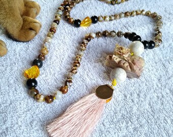 108 Bead, Hand knotted, Chocolate Crackle Agate, Gold Sheen Obsidian and Soapstone Cat Mala Necklace, Swarovski Crystals, Crystal Jewelry