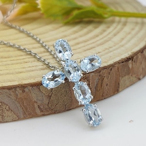 Natural Aquamarine Pendant-Gemstone Cross Pendant-925 Sterling Silver Jewelry-6x4mm Oval Cut Gemstone-March Birthstone Jewelry-Gift for Her