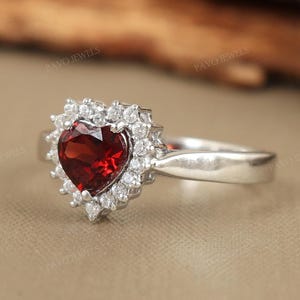 Heart Garnet Sterling Silver Ring: CZ Halo, January Birthstone