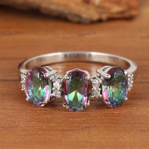 Mystic Topaz Triple Oval Gemstone Ring, 925 Sterling Silver Topaz Ring, Women Silver Jewelry, Engagement Ring, Handmade Ring for Her