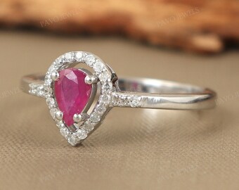 Anillo apilable delicado con rubí y pera, anillo minimalista, anillo sencillo de plata esterlina, anillo delicado como regalo para ella.