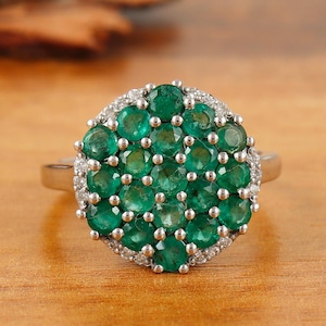Emerald Floral 925 Sterling Silver Stackable Ring, Emerald Silver Ring, May Birthstone Ring Diamond Rin, Round Gemstone Ring, Gift for Her