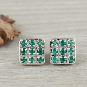 Natural Emerald Round Cut Gemstone Stud Earrings-925 Sterling Silver Earrings-Emerald Dainty Studs-May Birthstone Studs-Birthday Gift Her