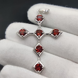 Garnet Holy Cross Pendant: 925 Sterling Silver Unisex Necklace