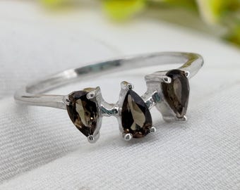 Anillo de cuarzo ahumado: Anillo llamativo de plata de ley 925 para mujer.