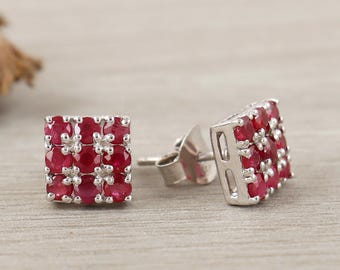 Ruby Stud Earrings: Round Cut Sterling Silver July Birthstone