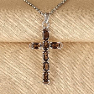Smoky Quartz Cross Pendant: 925 Sterling Silver November Birthstone