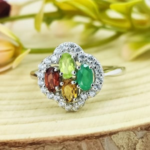 Natural Multi Gemstone Ring-925 Sterling Silver-Cluster Ring-Birthstone Jewelry-Multi Stone Engagement Ring-Anniversary Gift for wife