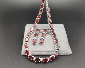 Ovale granaat ketting en oorbellen set, 925 sterling zilver, geboortesteen van januari, bruidssieraden