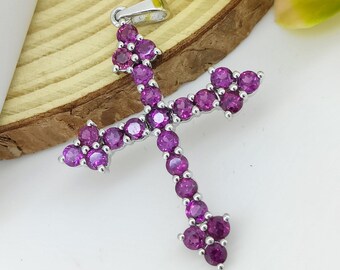 Natural Rhodolite Garnet Cross Pendant-925 Sterling Silver Jewelry