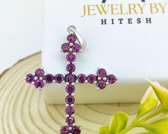 Natural Rhodolite Garnet Cross Pendant-925 Sterling Silver Jewelry
