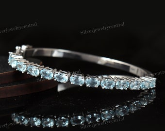 Blue Topaz Bangle: 925 Sterling Silver, December Birthstone, Christmas Jewelry
