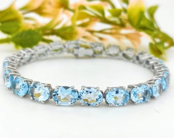 Natural Blue Topaz Bracelet-925 Sterling Silver-Oval Gemstone Tennis Bracelet-Blue Topaz Jewelry-December Birthstone Jewelry-Birthday Gift