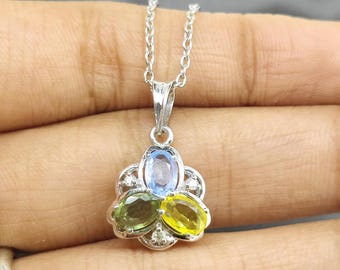 Natural Multi Sapphire Pendant-925 Sterling Silver-September Birthstone Pendant-Sapphire Jewelry