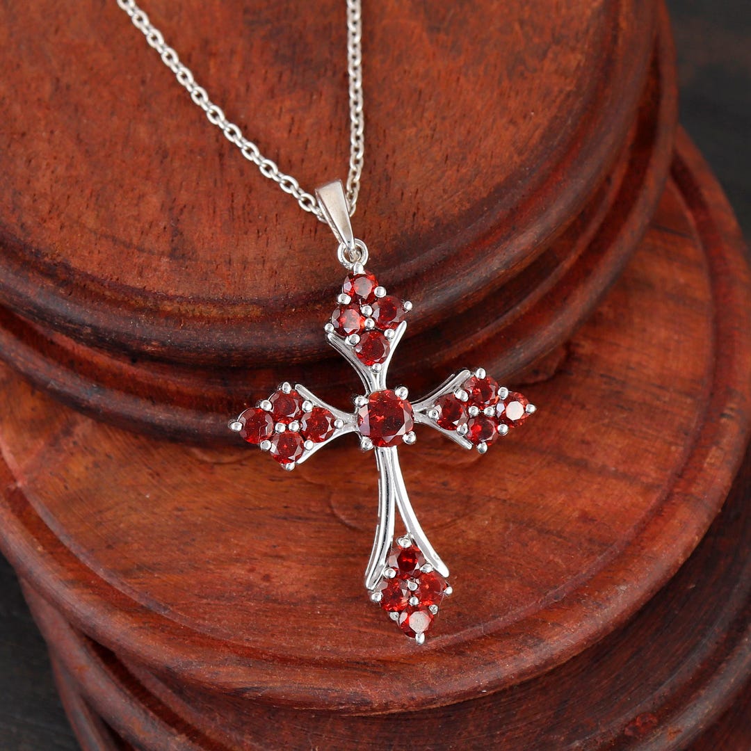Garnet Cross Pendant Necklace Sterling Silver Holy Handmade Jewelry - Etsy
