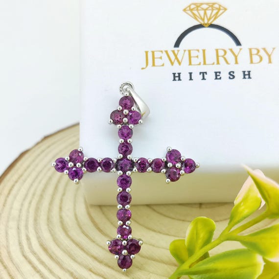 Natural Rhodolite Garnet Cross Pendant-925 Sterling Silver Jewelry
