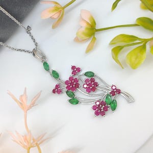 Ruby Flower Pendant: Sterling Silver, Emerald Accent, July Birthstone