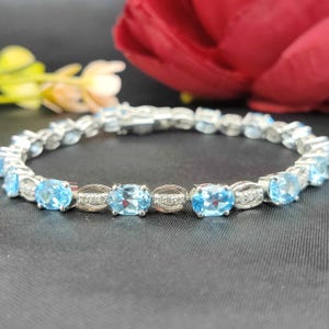 Natural Swiss Blue Topaz Tennis Bracelet-925 Sterling Silver Jewelry-December Birthstone-Oval Gemstone Handmade Bracelet-Mother&#39;s Day Gift