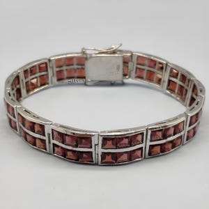 Natural Garnet Square Gemstone Tennis Bracelet-925 Sterling Silver Bracelet-January Birthstone-Wedding Bracelet-Bridal Bracelet-Gift for Her