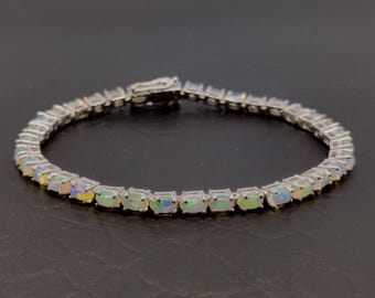 Natural Ethiopian Opal Bracelet, 925 Sterling Silver, Wedding Tennis Bracelet, October Birthstone