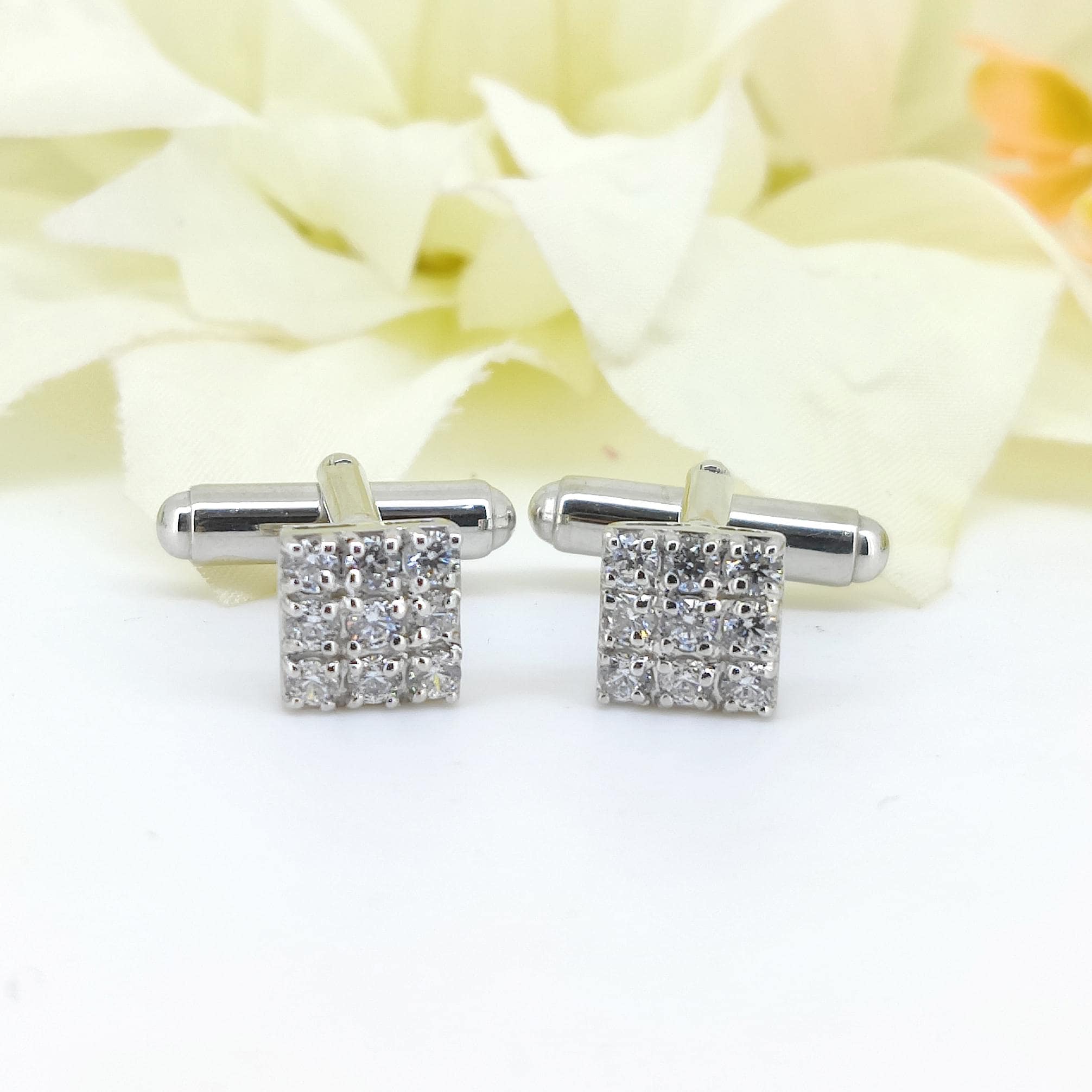 White Cubic Zircon Cufflinks-925 Sterling Silver Jewelry-Round Zircon-Square Cut Cufflinks-Minimalist Handmade Jewelry-Men's Accessories