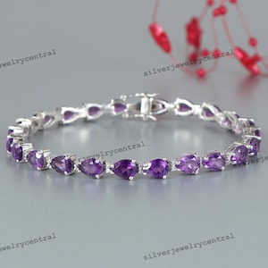 Natural Amethyst Tennis Bracelet-925 Sterling Silver-Pear Gemstone Bracelet-February Birthstone Jewelry-Cubic Zircon-Purple Amethyst Jewelry