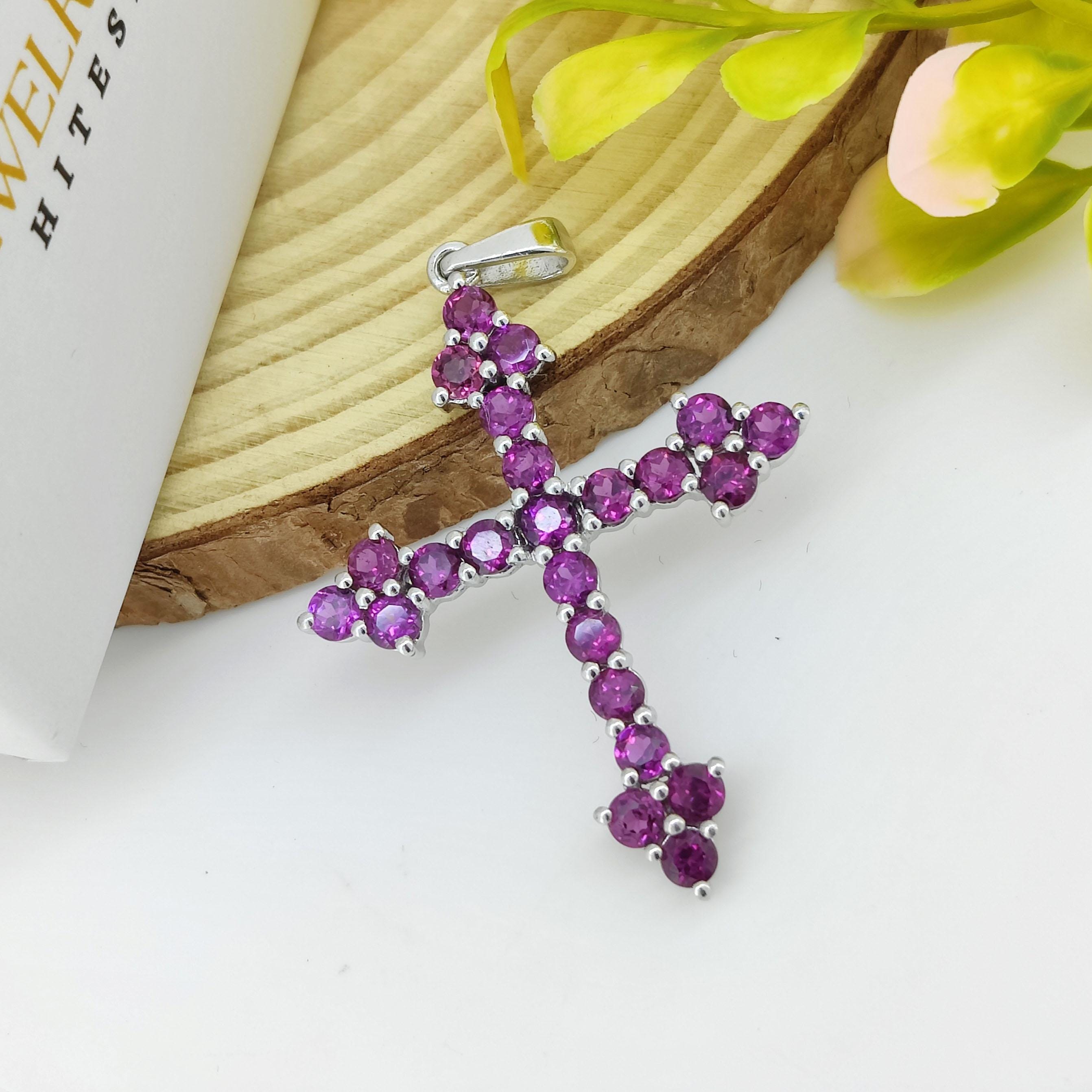 Natural Rhodolite Garnet Cross Pendant-925 Sterling Silver Jewelry