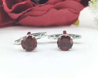 Boutons de manchette ronds grenat naturel Argent sterling 925 - Pierre de naissance de janvier - Bijoux grenat rouge - Boutons de manchette minimalistes en pierres précieuses - Tenue habillée pour hommes