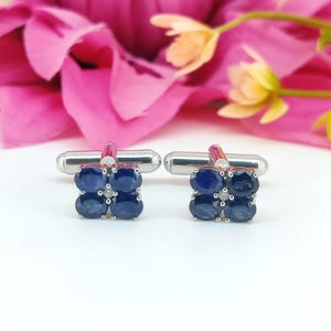 Natural Blue Sapphire Cufflinks-925 Sterling Silver-September Birthstone-Minimalist Oval Gemstone-Men&#39;s Accessories-Anniversary Gift for him