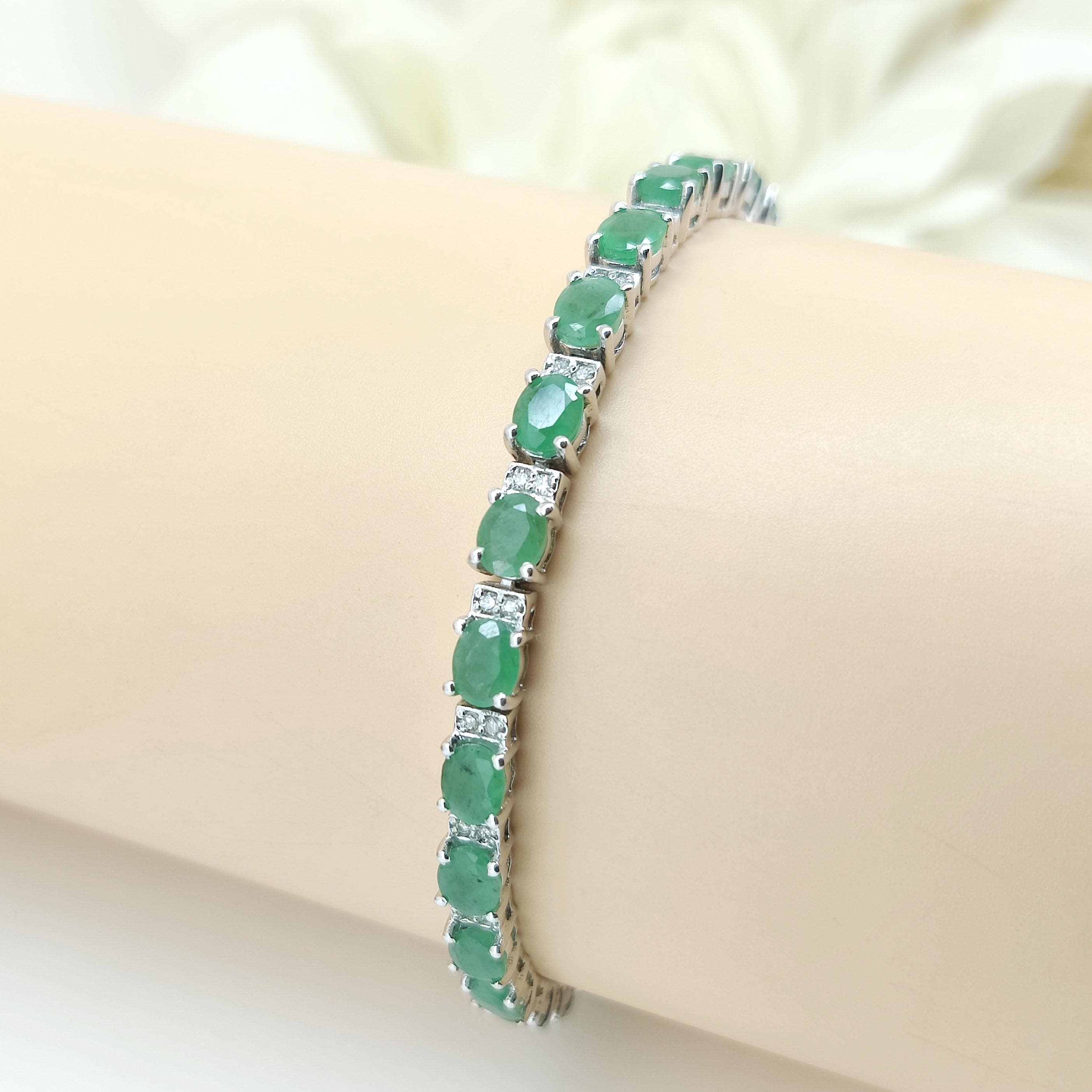 エメラルドブレスレット Natural Emerald Tennis Bracelet-925 Sterling Silver-oval Gemstone
