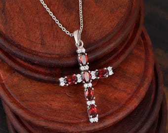Dainty Garnet Cross Necklace Handmade Red Gemstone Holy Jewelry