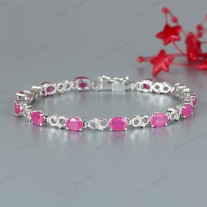 Natuurlijke ovale robijnrode tennisarmband, 925 sterlingzilver, geboortesteen juli, roze edelsteen