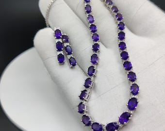 Afrikanischer Amethyst Halsketten-Ohrring Set: Sterlingsilber, handgemachter ovaler Edelsteinschmuck