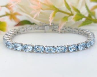 Natural Blue Topaz Tennis Bracelet-925 Sterling Silver-Oval Gemstone Bracelet-Blue Topaz Jewelry-December Birthstone Jewelry-Wedding Gift