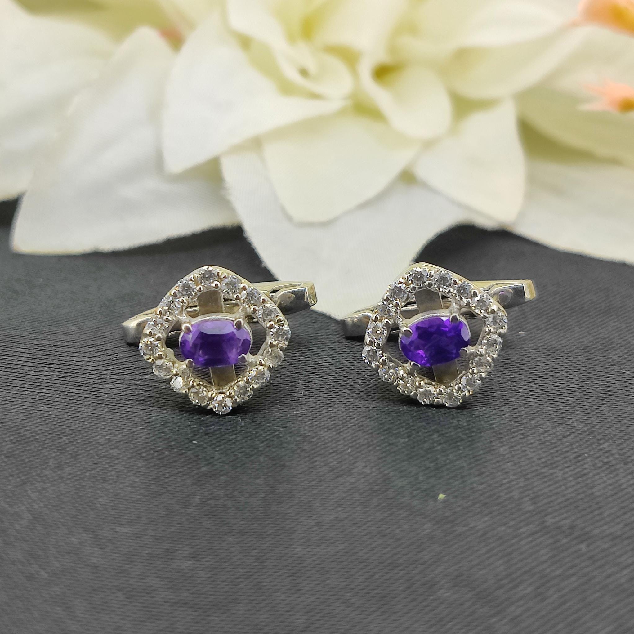 Natural African Amethyst Cufflinks-925 Sterling Silver-Gemstone Cluster Cufflinks-February Birthstone-Oval Gemstone-Men's Accessories Gift
