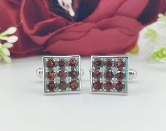 Boutons de manchette grenat : argent sterling 925, pierre précieuse rouge carrée