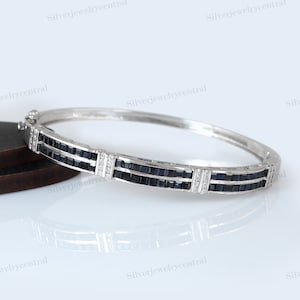 Natural Blue Sapphire Bangle-925 Sterling Silver-Square Sapphire Bangle-September Birthstone Jewelry-Handmade Jewelry-Anniversary Gift