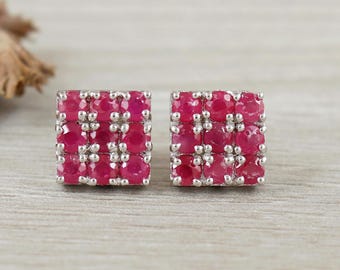 Natural Ruby Gemstone 925 Sterling Silver Stud Earring Handmade Round Jewelry Gifts For Her