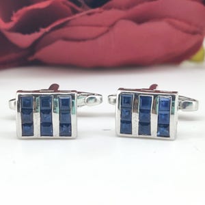 Natural Blue Sapphire Cufflinks-925 Sterling Silver-Minimalist Gemstone Cufflinks-September Birthstone-Men&#39;s Formal Wear-Mother&#39;s Day Gift