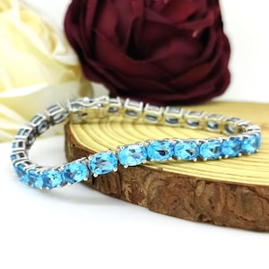Swiss Blue Topaz tennis Bracelet-Oval Cut Gemstone Bracelet-December Birthstone Jewelry-925 Sterling Silver Bracelet-Wedding Gift for Her