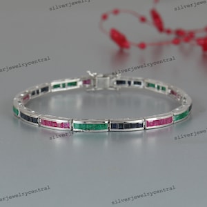Natural Ruby Emerald Sapphire Bracelet-925 Sterling Silver Tennis Bracelet Top Quality Sapphire Bracelet-Square Gemstone Bracelet Gift