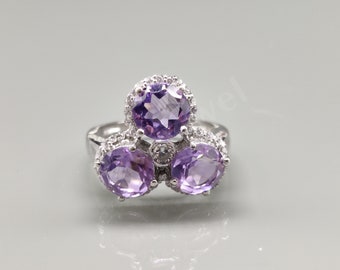 Natürlicher Amethyst Cluster Ring, 925 Sterling Silber, Vintage Stil