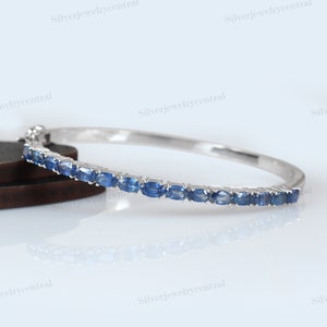 Natural Blue Sapphire Bangle-925 Sterling Silver Bangle-Oval Cut Sapphire Bangle-Stackable Bangle-September Birthstone Bangle-Birthday Gift