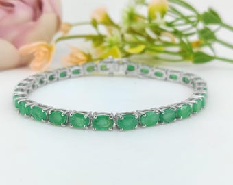 Natural Emerald Tennis Bracelet-May Birthstone-925 Sterling Silver-Green Emerald Jewelry