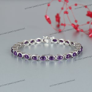 Amethyst Tennis Bracelet-925 Sterling Silver Bracelet-February Birthstone Bracelet-Amethyst Cabochon Bracelet-Anniversary Gift for Her