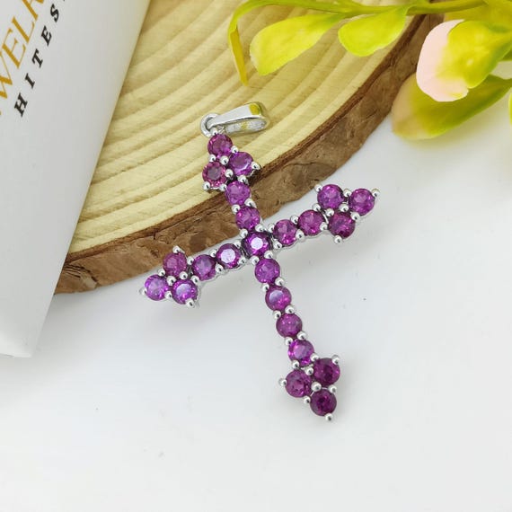 Natural Rhodolite Garnet Cross Pendant-925 Sterling Silver Jewelry