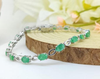 Natural Emerald Tennis Bracelet-925 Sterling Silver-May Birthstone- Emerald Jewelry