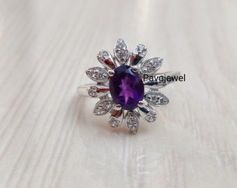 Natural Amethyst Ring / 925 Sterling Silver / February Birthstone Ring / Zircon Ring / Engagement Jewelry / Gift for Women