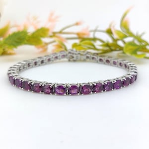 Natural Rhodolite Garnet Tennis Bracelet-Oval Cut Gemstone-June Birthstone Jewelry-925 Sterling Silver Bracelet-Rhodolite Garnet Jewelry