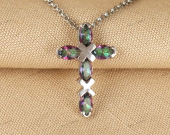 Rainbow Mystic Topaz Pendant Necklace, 925 Sterling Silver, Holy Cross Pendant, Unique Pendant, November Birthstone, Gift for Girlfriend